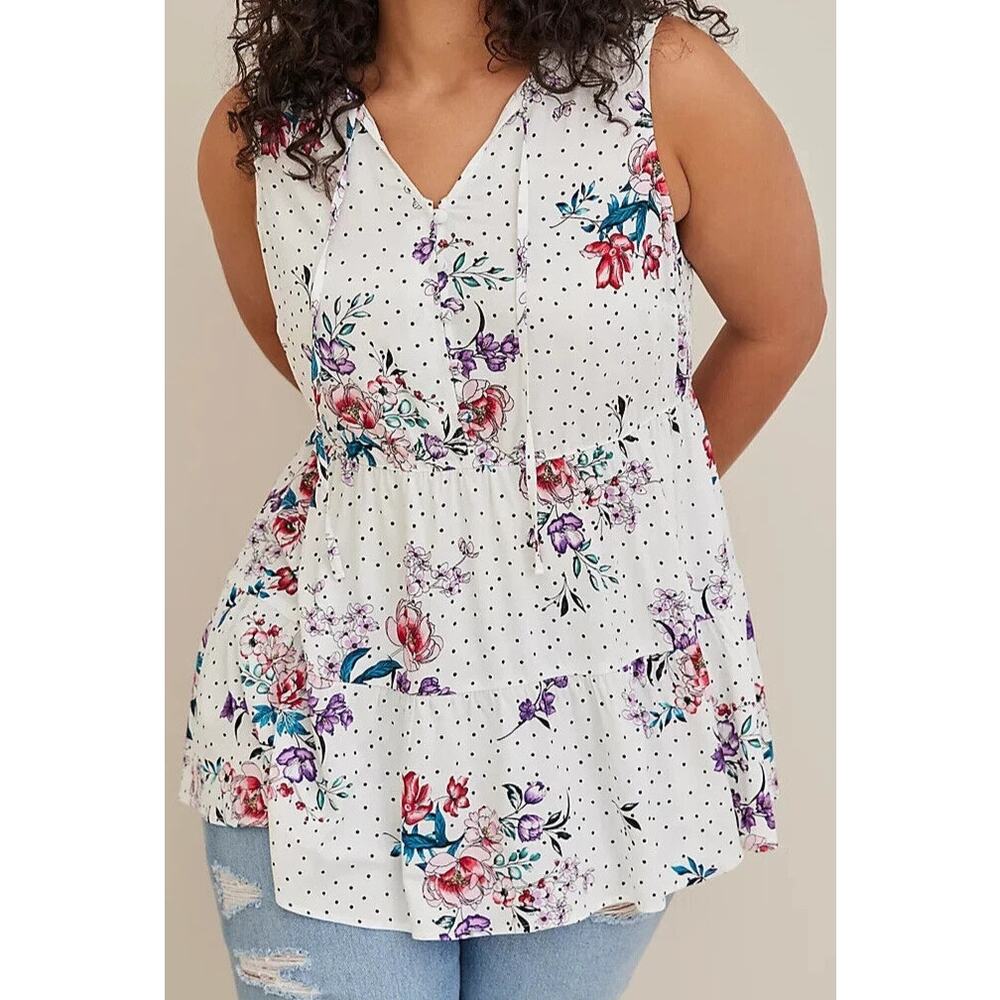 Torrid Rayon Slub Button Front Tiered Tank Floral Dotted  White Plus Women's 2